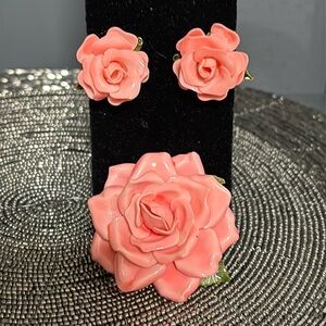 Vintage Rose Brooch and Clip on Earrings